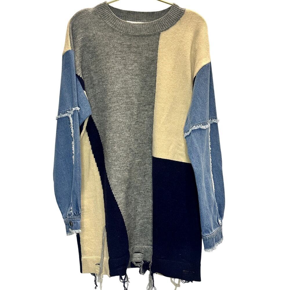 La Lavon – Colorblock Sweater Dress with Denim Sleeves – M